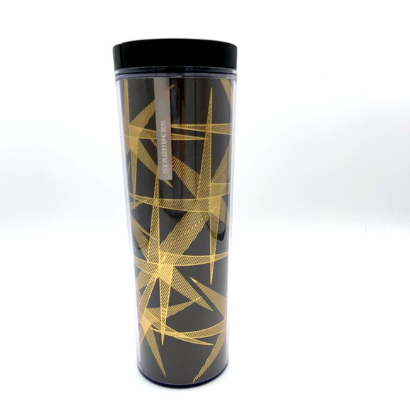 Starbucks 2013 Grande Tumbler Black Gold Starburst Insulated Travel Cup Retro - Picture 1 of 12